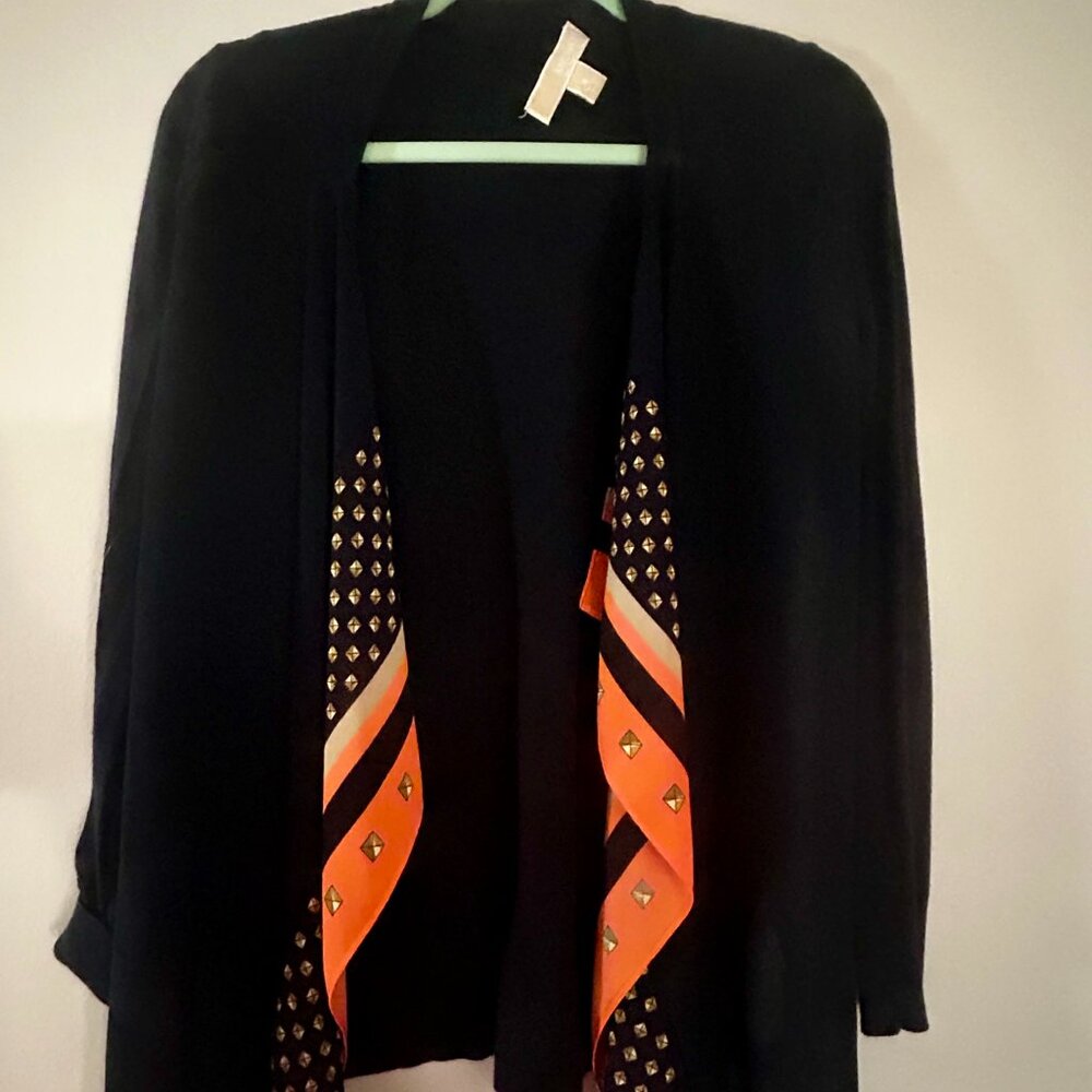 Michael Kors Navy Open-Front Cardigan with Draping Orange Detailing - Size Small